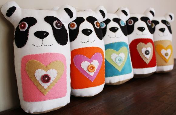 BOObeloobie PANDAmonium Panda Bear in Orange, Pink, white, black and tan denim detail