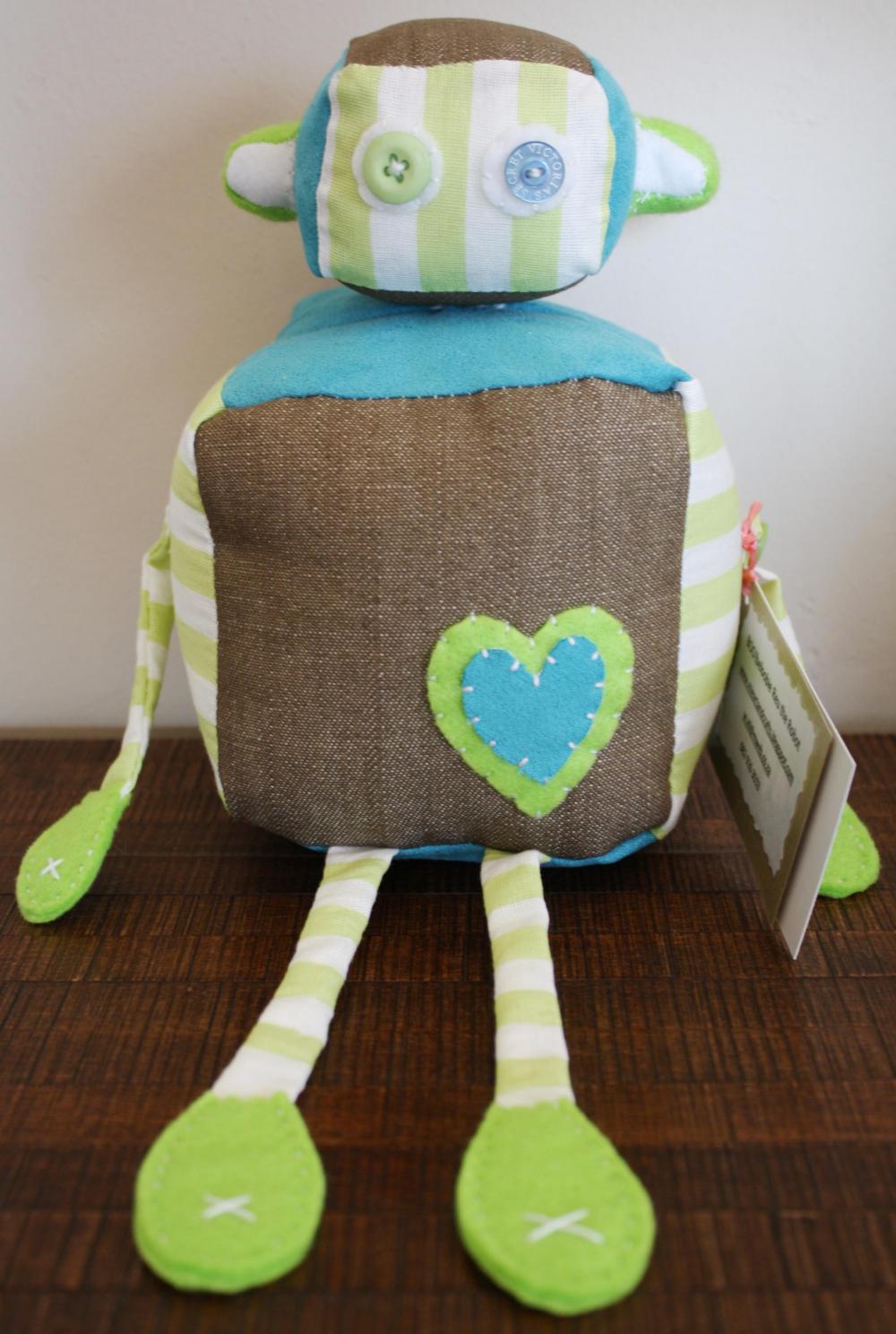 BOObeloobie Reu the Robot in Tan denim, blue suede and green and white striped cotton