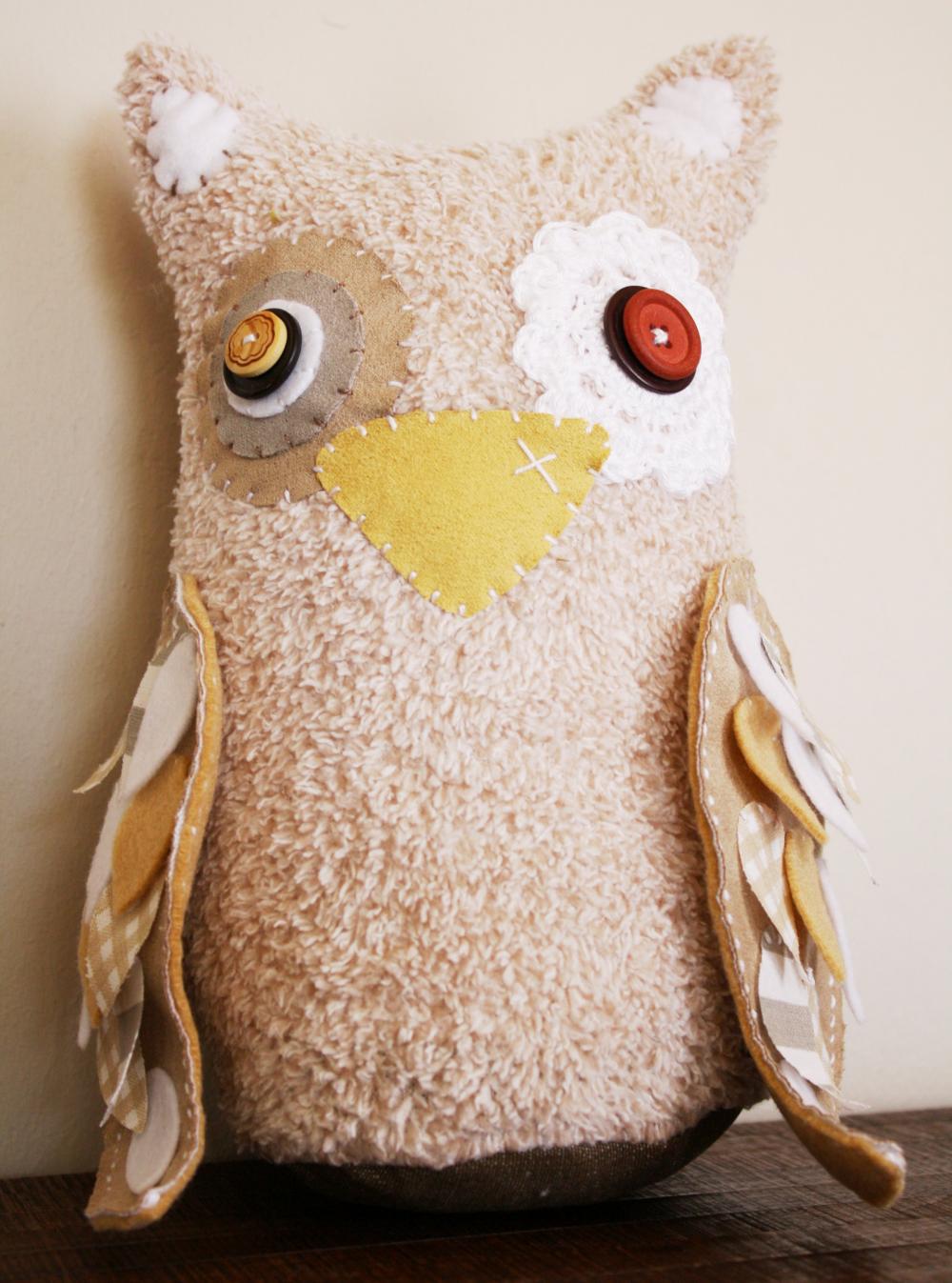 BOObeloobie Large Orli the Owl in Cream, mushroom and white with stripe and check detail