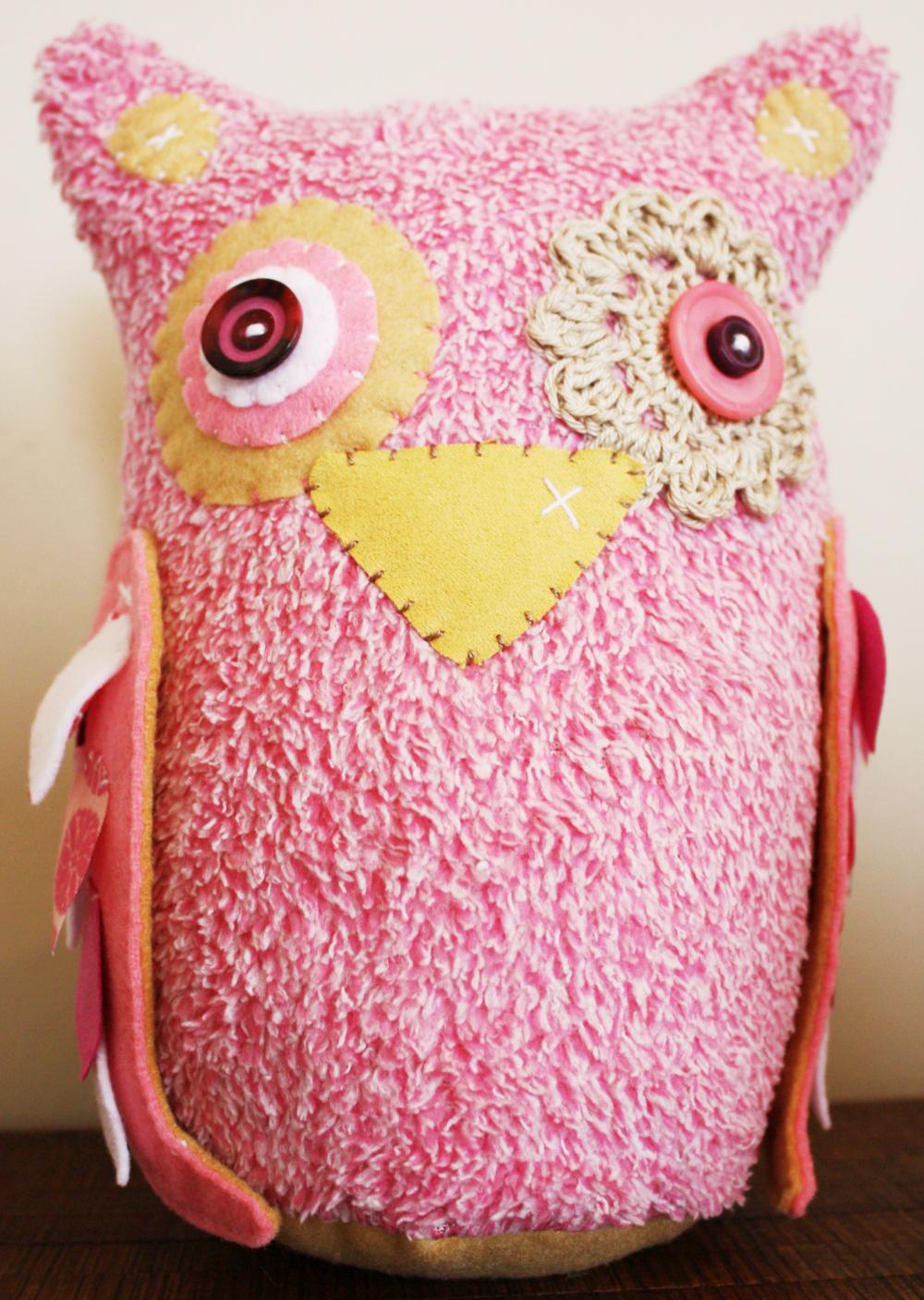BOObeloobie Large Orli the Owl in Pink, Cream and white accents with crochet eye detail