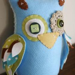 BOO!beloobie Large Orli the Owl in Blue, Green, Chocolate Brown, Cream and white with feather detail on wing Woodland theme